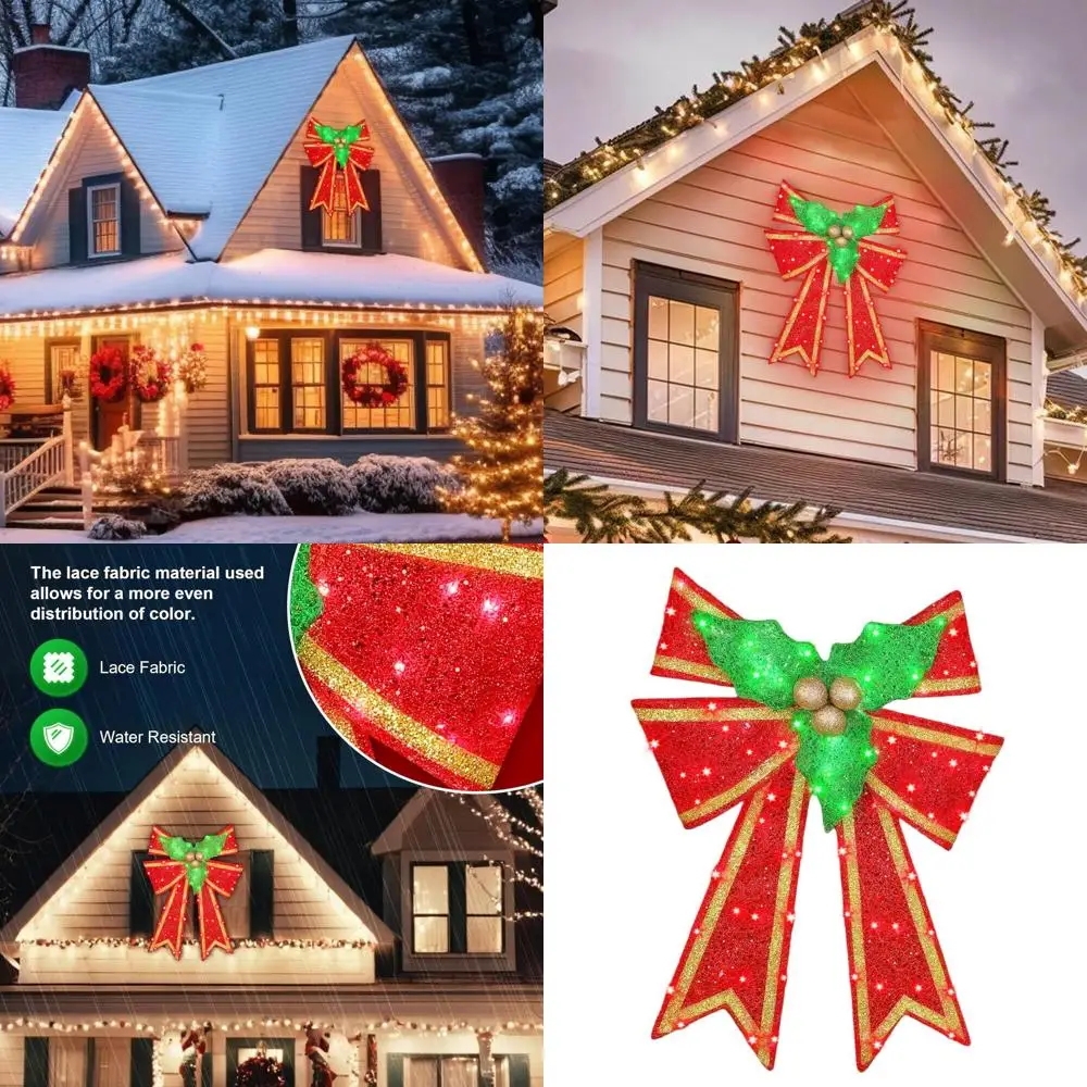 

28 предварительно освещенных рождественских луков, большой уличный светодиодный декор двора, красный/зеленый с золотом, 16 режимов освещения, таймер, крючок