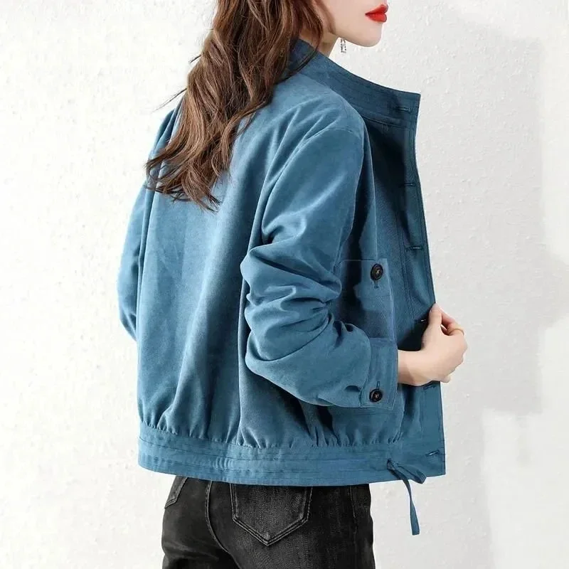 Stand-Up Collar Corduroy Women's Jacket Spring Fashion Sashes Blue Veste Femme New Office Lady Single-Breasted Cropped V1538