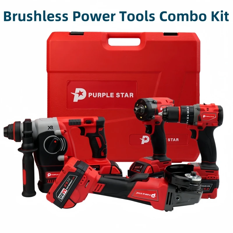 Brushless Electric Tools Screwdriver Electric Hammer Angle Grinder Electric Wrenches Combination Set with 4 Batteries
