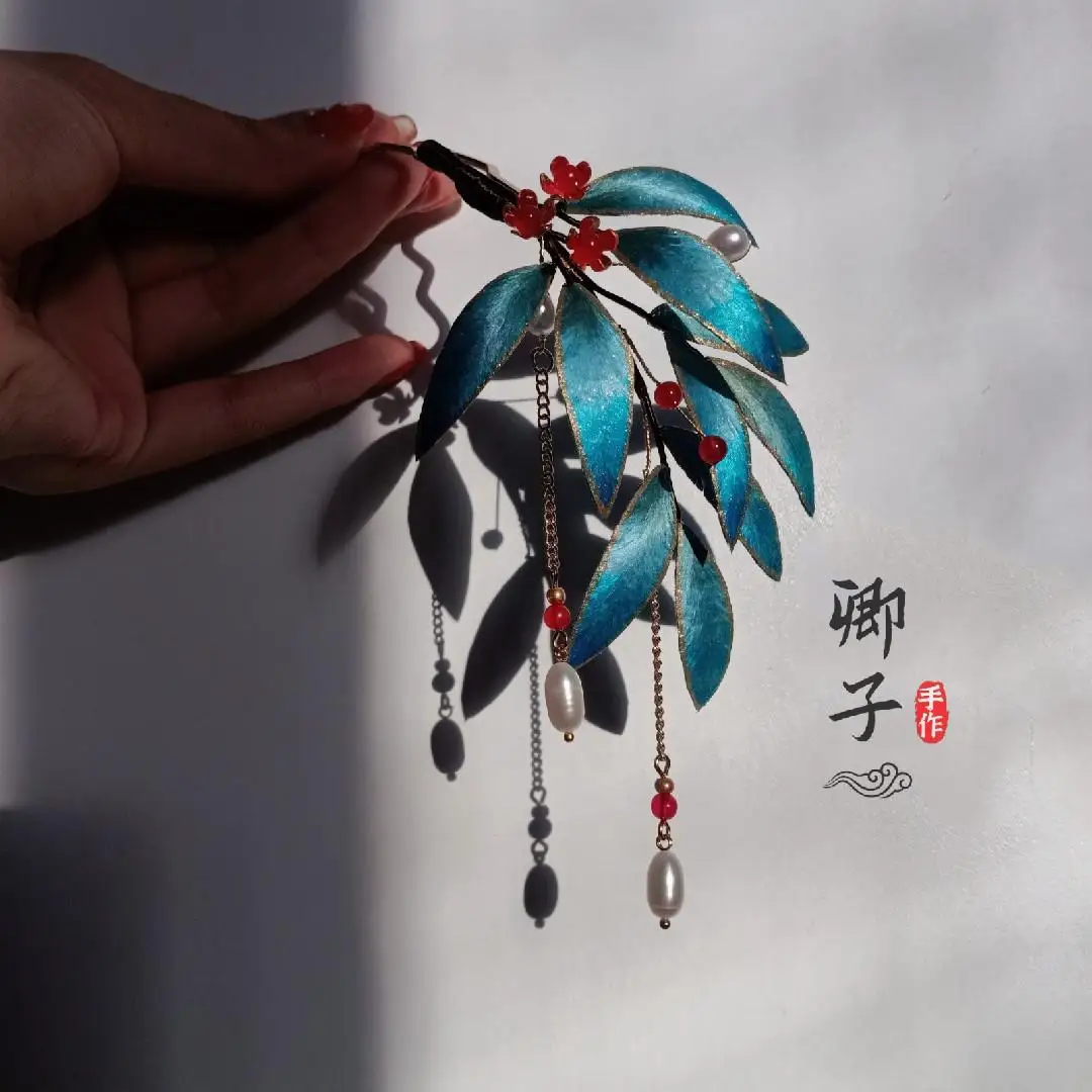 Hand-made  Flower Bamboo Leaf Hairpin Painted WOMEN Cover Pearl Tassel Traditional Chineses Hair Pin Hanfu Accessories