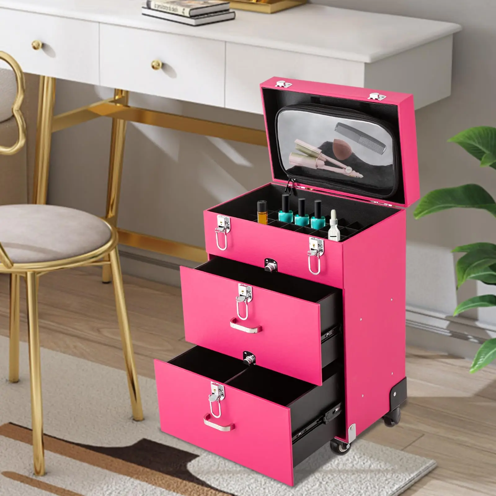 Новинка 2023 года/футляр для макияжа на колесиках, большой футляр для макияжа, органайзер для хранения лака для ногтей с колесами и замком, чехол для тележки для макияжа Fo