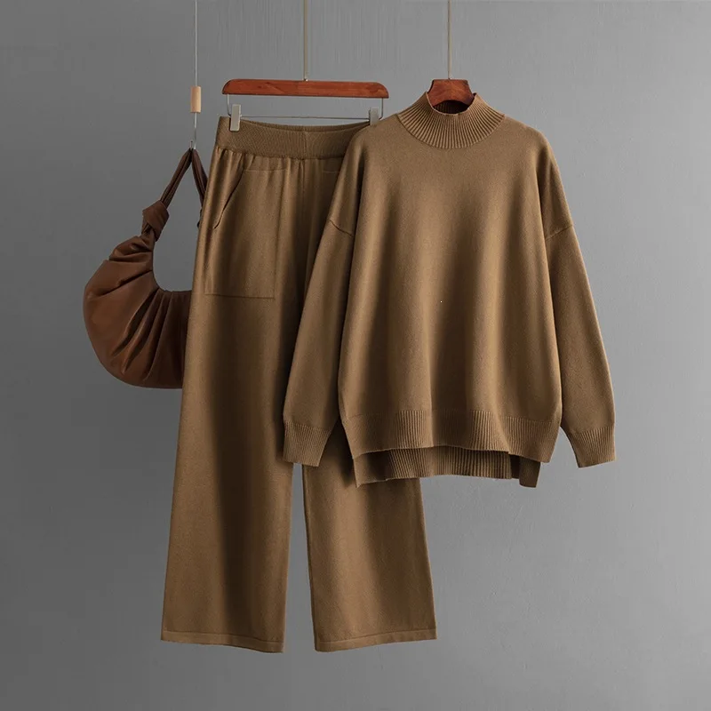 Autumn Winter Women Knitted Sweater Sets Casual Thick Oversized Pullover High Waist Wide Leg Pants Two Pieces Sets Women Outfits