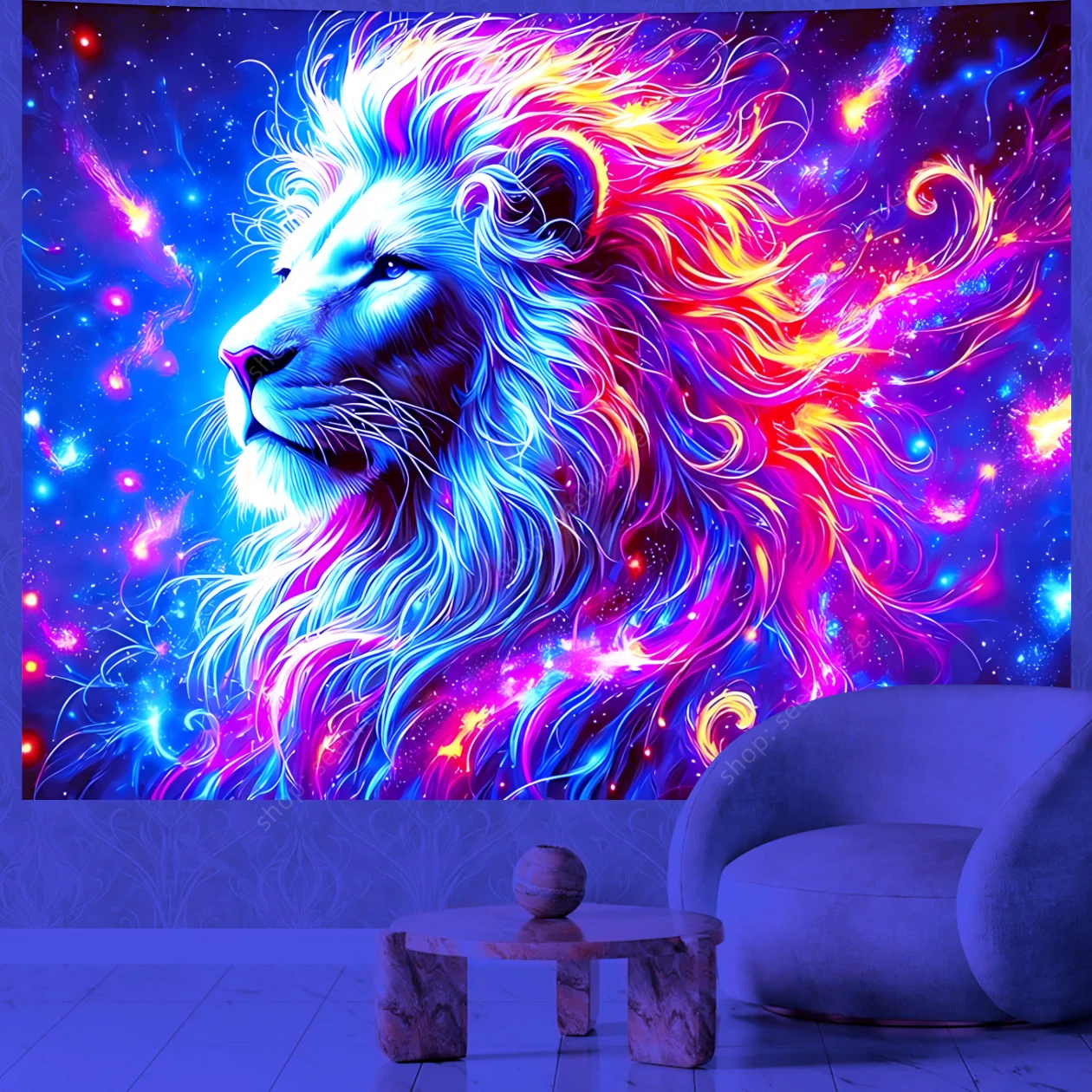 Psychedelischer Tier-Wandteppich, cooler Löwe, UV-reaktiver Wandteppich, Wandbehang für Hippie, Kawaii, Raumdekoration, Strandtuch, Geschenk für Freunde