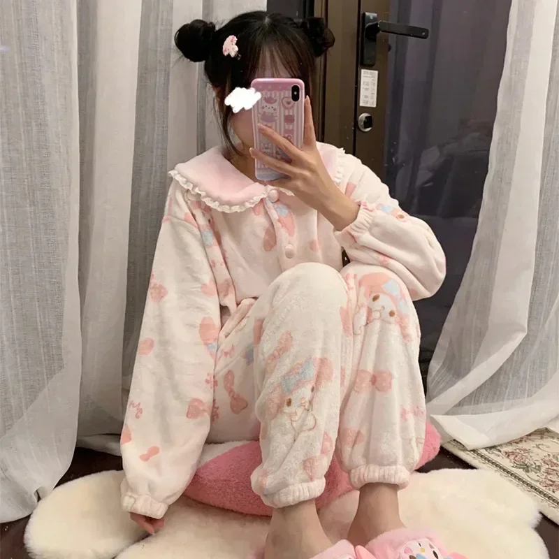 Sanrio Melody Winter Cotton Fleece Thickened Warm Women\'s Pajamas Silk Pajamas Women\'s Cartoon Homewear Pajamas Pants Set