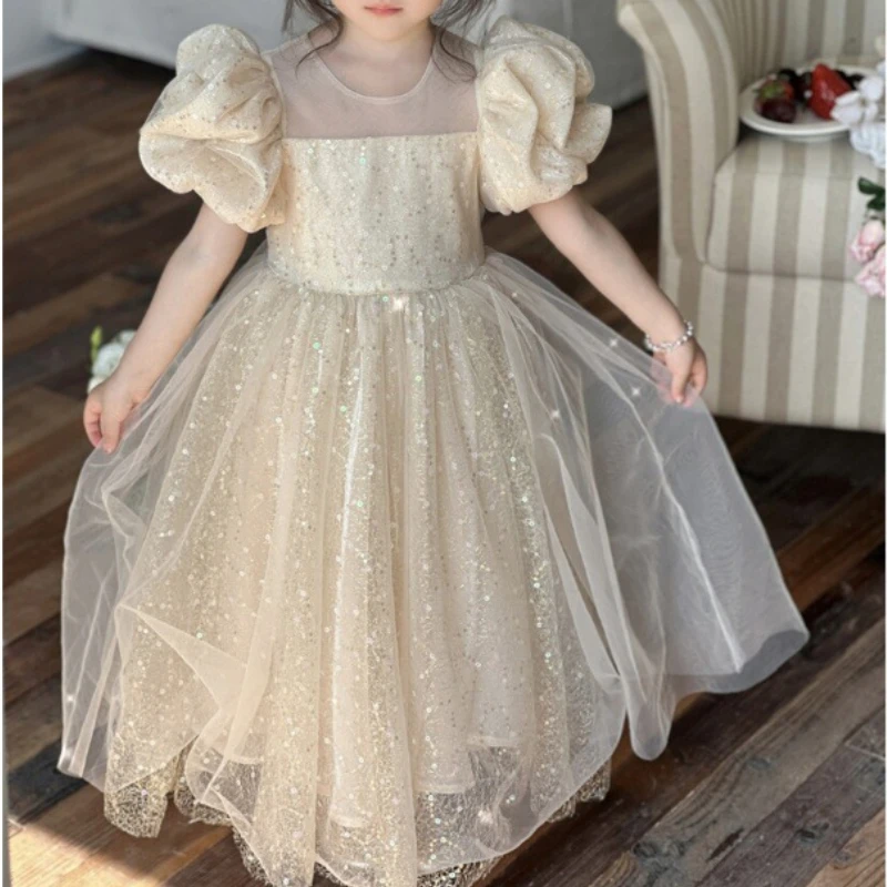 

Fashion Popular O-neck Puff Short Sleeve Birthday Party Dresses Exquisite Korea Long Mesh Tiered Girl Vestidos Sweet Fairy Dress