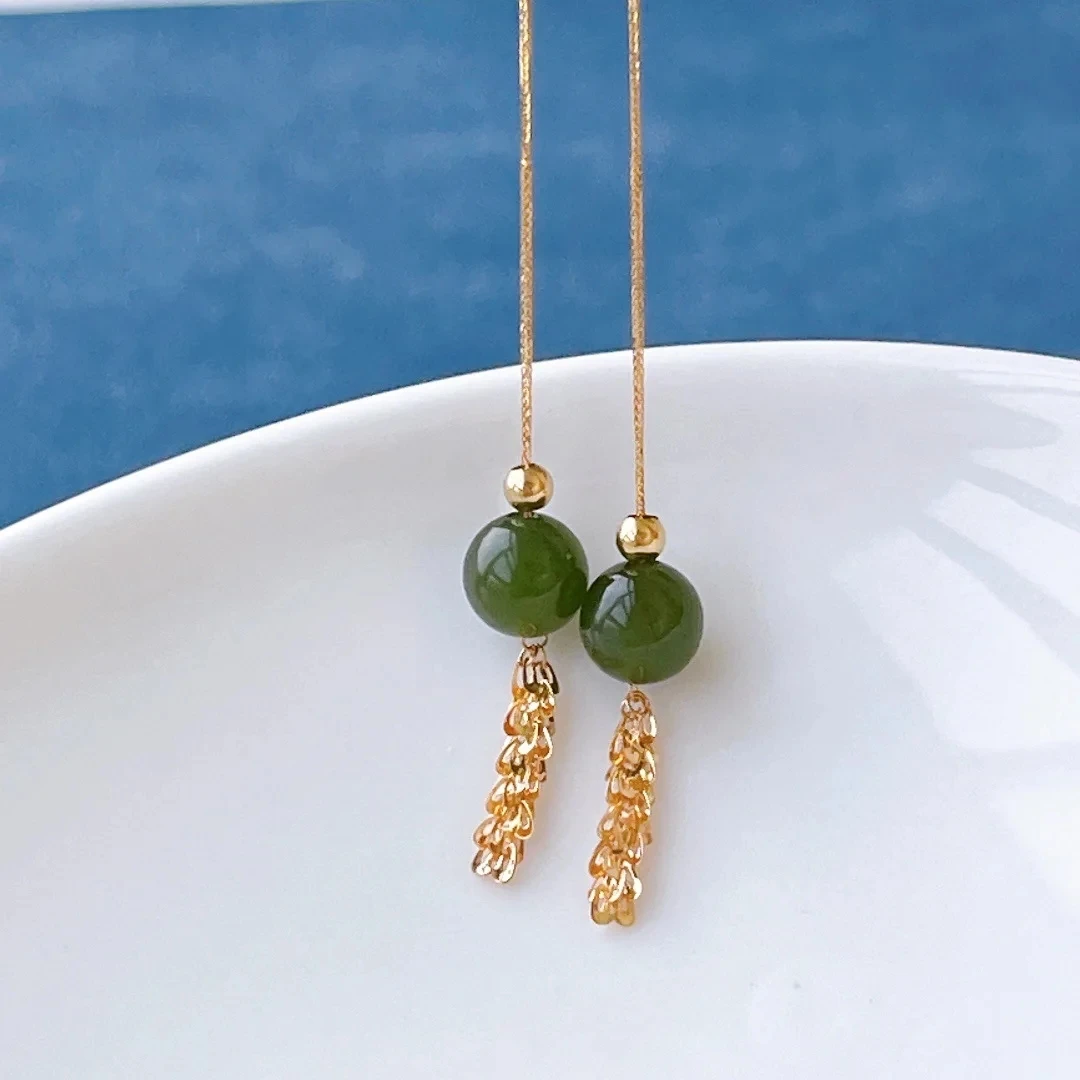 

Real 18K Gold Phoenix Tail Jasper Earline Au750 Temperament Tassel Earrings Boutique Jewelry Gift E733