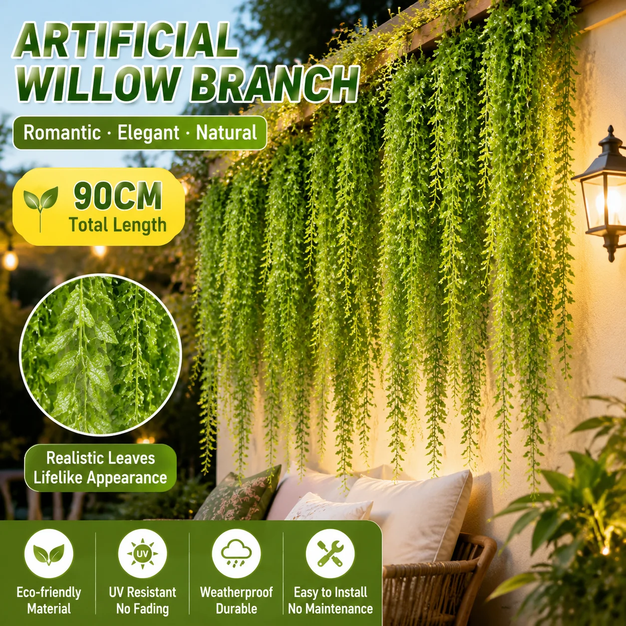 Branche de saule artificielle verte pour décoration extérieure, plante suspendue de simulation élégante et romantique, lot de branches de saule