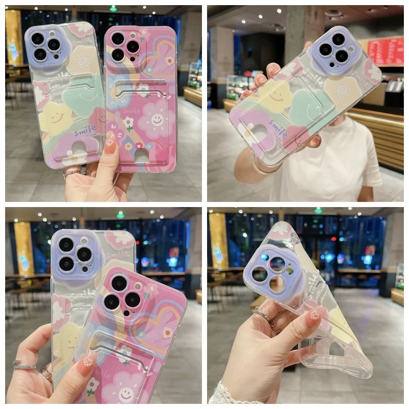 For OPPO A57 A77 5G 2022 A7 A5S A12 A36 A76 A94 A74 4G A95 A94 A78 A58 A74 A56S Wallet Case Card Holder Smile Flower Cases