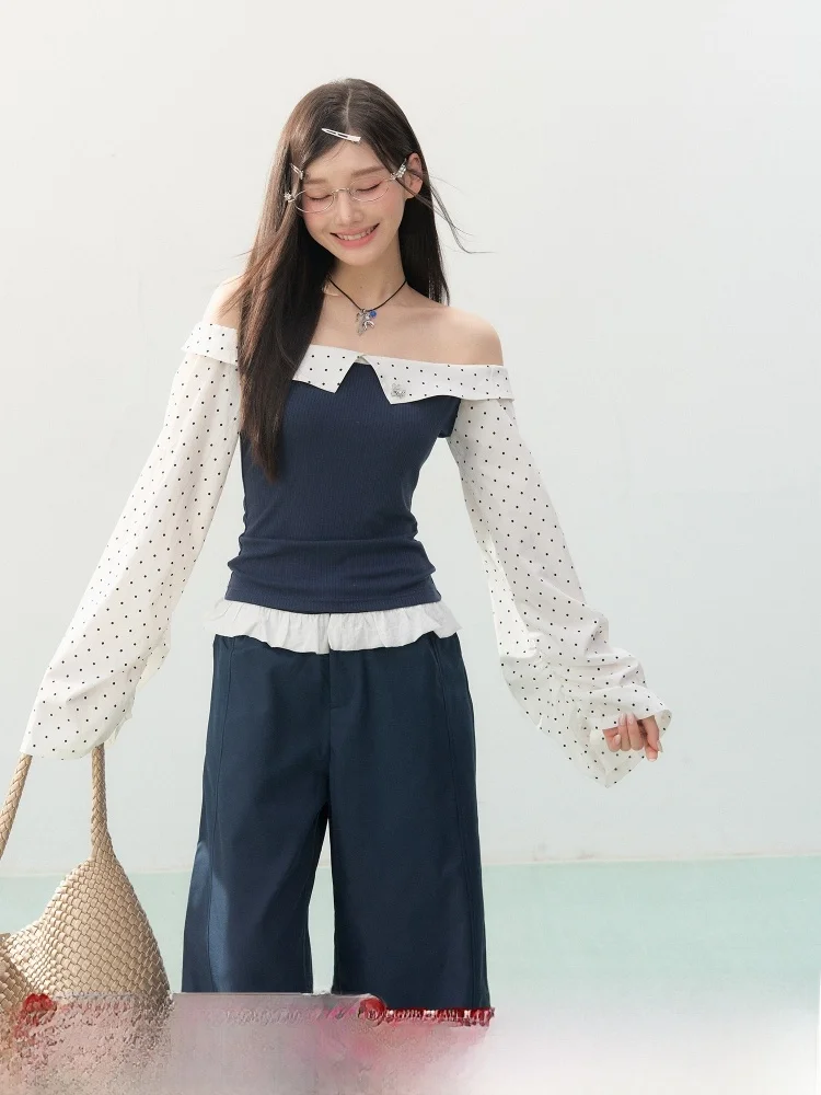 

ELEVEN SP Spring Polka Dot One oulder Long Sve Women's Top Beautiful Unique Design Korean Sle Slim Fit T-irt