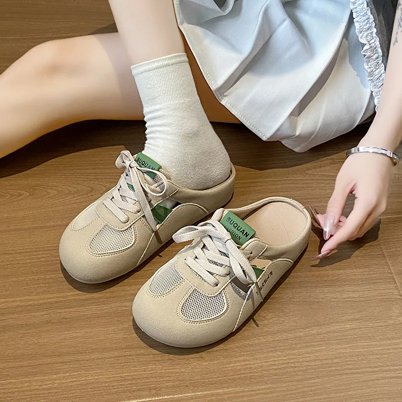 

2026 New Women Breathable Mesh Mule Sneakers Lace Up Backless Flat Walking Shoes Casual Hollow Slip On Trainers Ladies