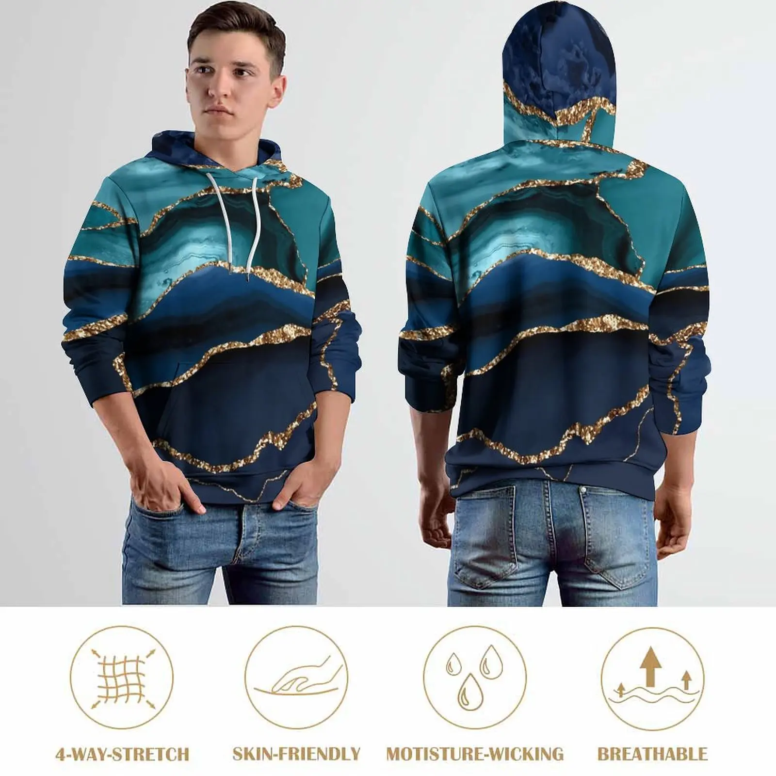 Sudaderas con capucha informales de mármol azul, manga larga, Sudadera con capucha líquida abstracta, elegante Sudadera con capucha, ropa de gran tamaño con gráfico clásico, otoño