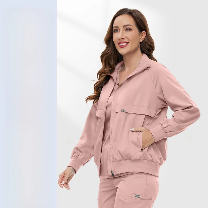 Casaco de Manga Longa para Lavagem Manual, Jaqueta de Uniforme de Trabalho, Blusa com Bolso e Gola Alta, Uniforme de Médico p...