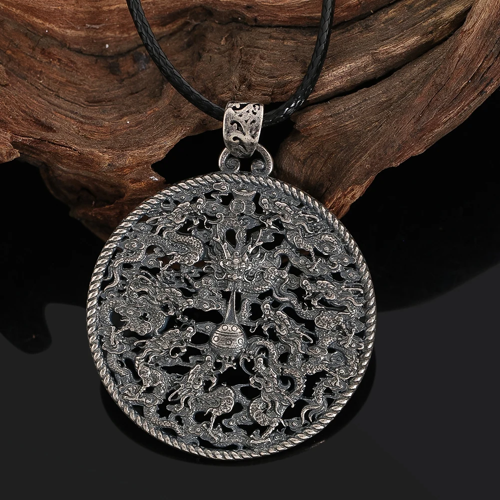Metal Stainless Steel Circular Engraved Nine Sons Taking Their First Place Necklace Pendant Prayer Amulet Fashion Matching Chain