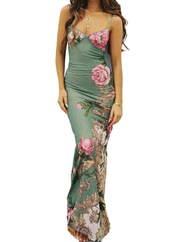 

Elegant Print Dress For Women Fashion Sexy Spaghetti Strap V Neck Slim Package Dresses Robe Femme Formal Evening Party Skirt