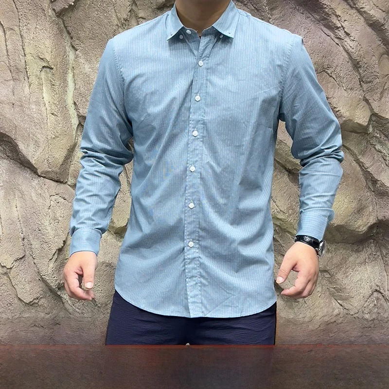 Waed puro algodão longo sve masculino irt primavera outono novo sle busin listra na moda respirável suporte ajuste uso diário