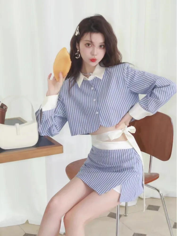 Preppy Style Elegant Striped 2 Piece Skirt Set Women Casual Y2k Crop Tops + Mini Skirts Office Lady Korean Fashion Suits Chic