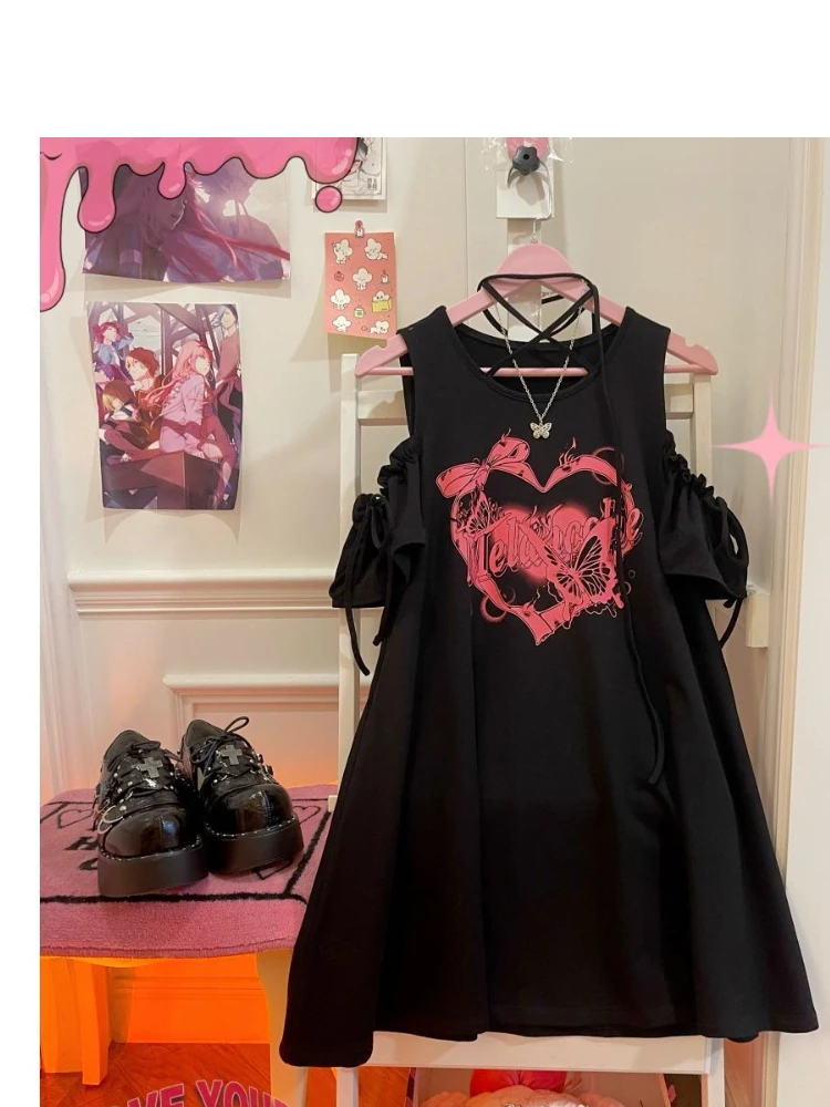 T-shirt legata con spalle scoperte con stampa a cuore Abito da donna Y2k Estetico allentato A-line Mini abiti Harajuku giapponesi