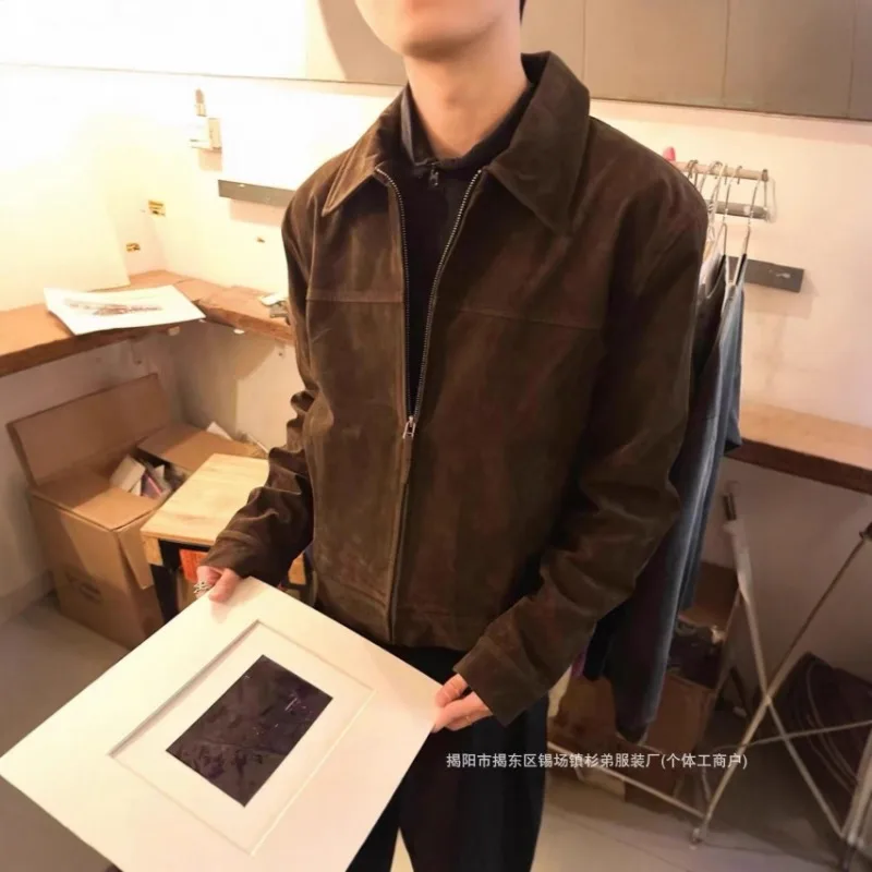 Luxury Brand Bomber Jackets Retro Suede Jacket Men's Spring Autumn Pilot Coat Lapel Men Clothing Varsity Jacket Long-sleeved Top