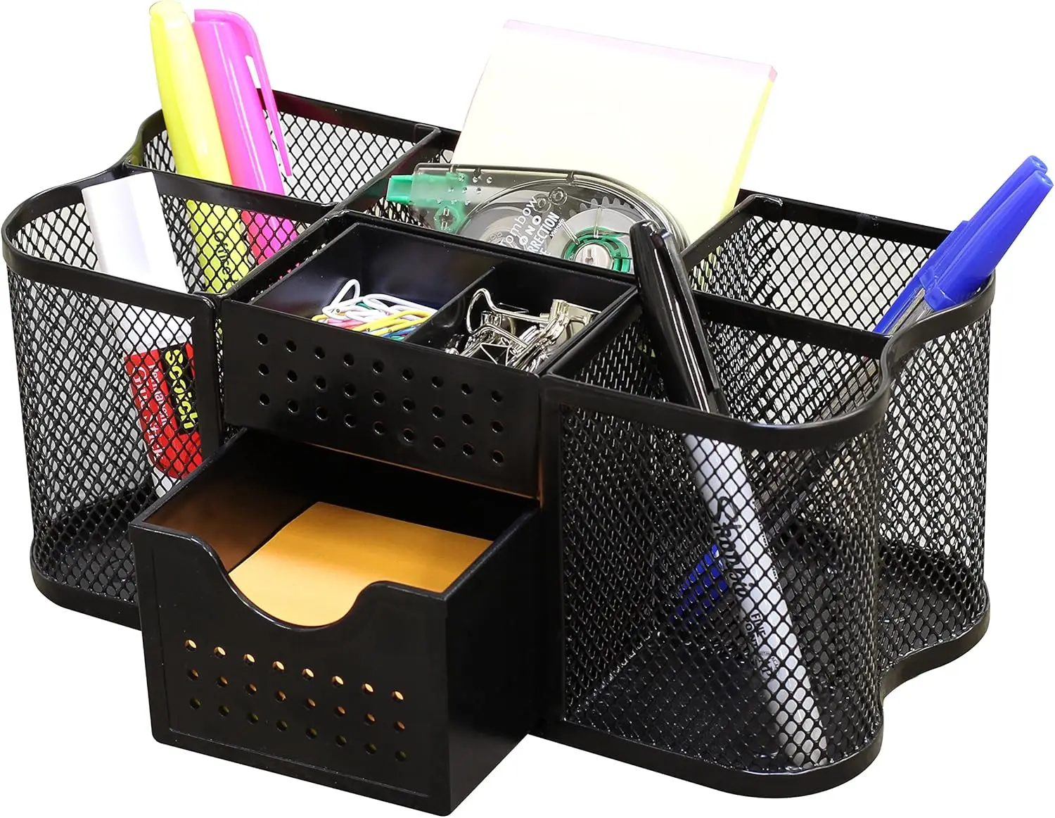 

Desk Organizer Pen Holder with 6 Compartments and Pull-Out Drawer for Office Supplies, Black Wire Mesh