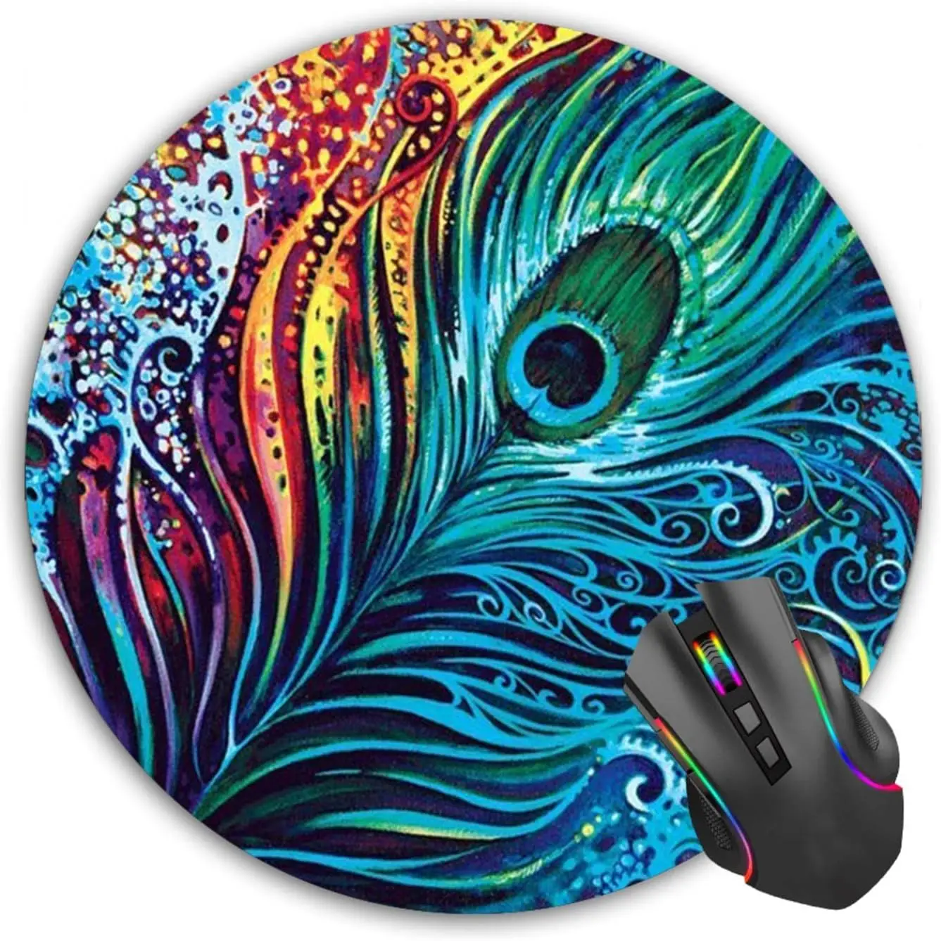 Peacock Feather Round Mouse Pad Non-Slip Rubber Base Mousepad for Laptop Computer Personalized Mousepad for Women,7.9 x 7.9 Inch