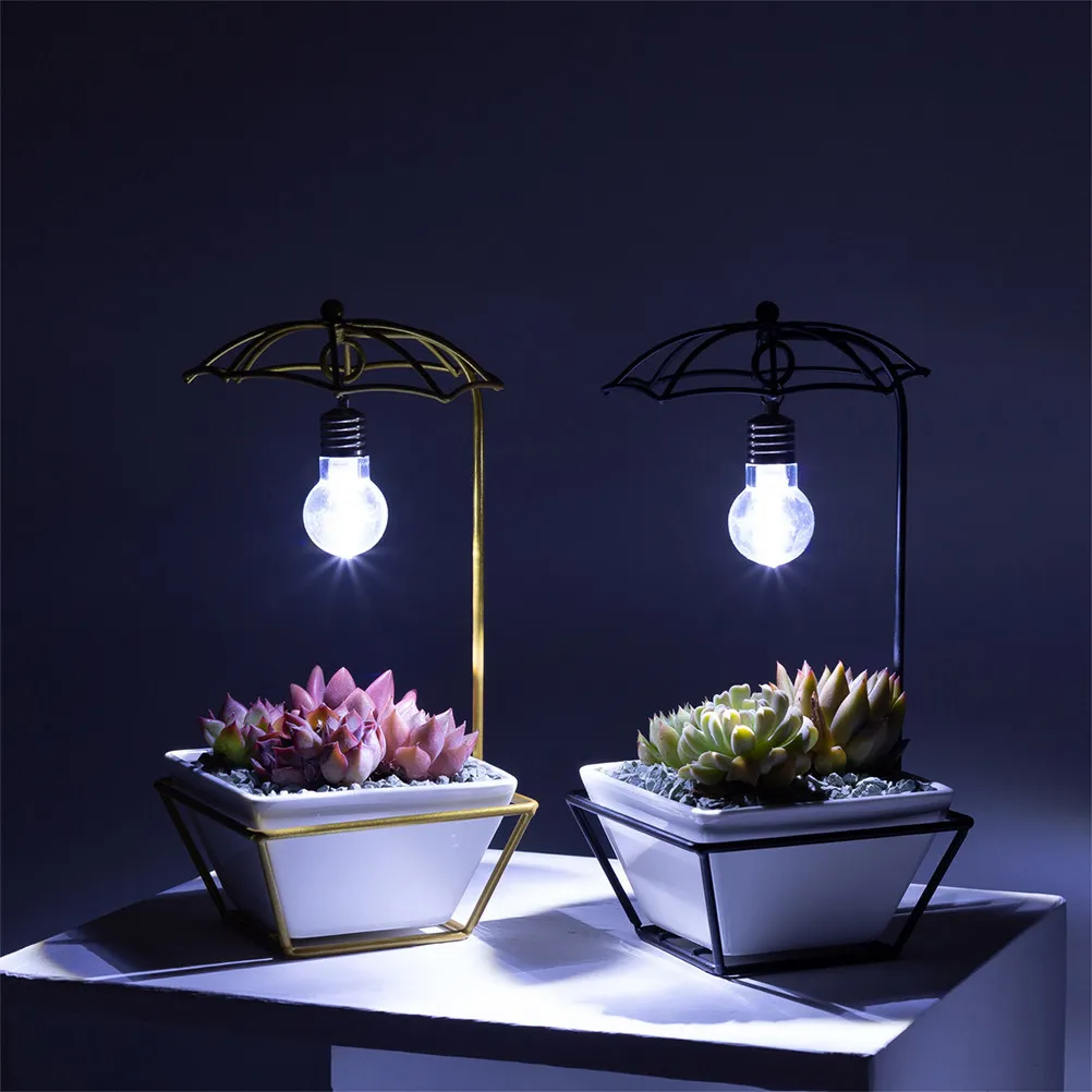 1Set Succulent Flowerpot Creative Light Bulb Design Ceramic Flower Pot White Golden Iron Rack Home Garden Decor