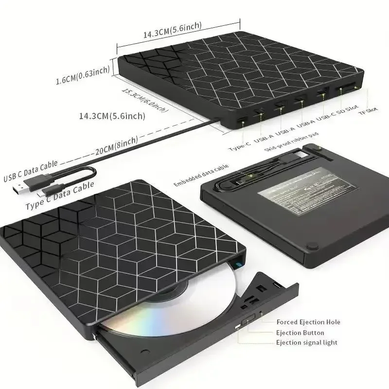 7-in-1 USB 3.0 Type-C 외장 CD/DVD 드라이브 버너 리더 플레이어 광학 드라이브 DVD 플레이어 CD 버너 (컴퓨터, 노트북, 데스크탑용)