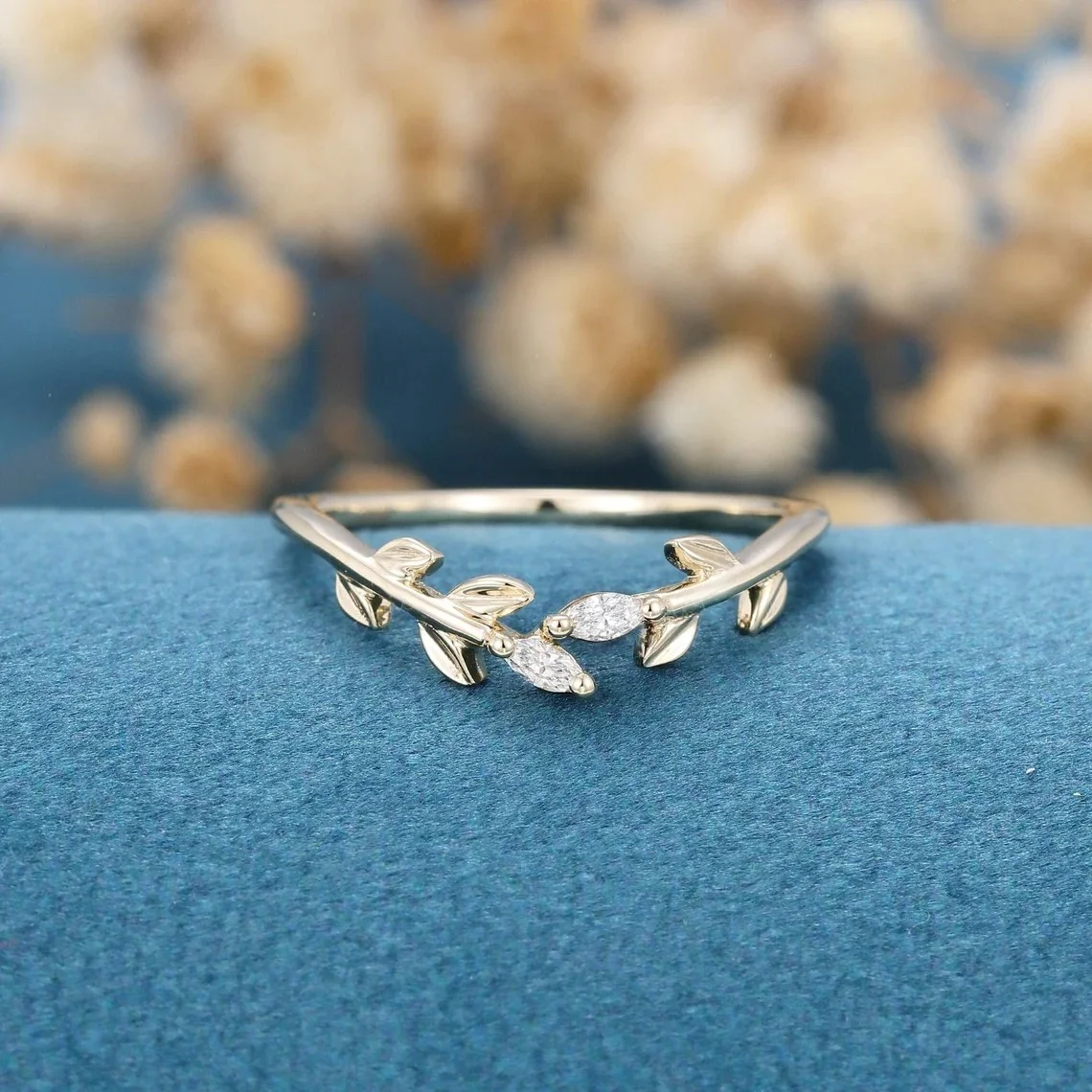 Marquise Cut Natural Zircon Wedding Band 925 Sterling Silver Unique Leaf Branch for Women Stacking Ring Gold Plated Jewelry