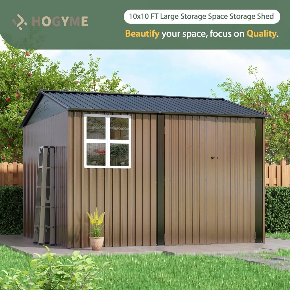 10x10 FT Outdoor Storage Shed, Large Metal Tool Sheds with Updated Frame Structure and Lockable Doors