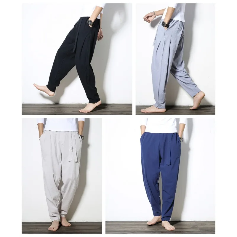 2024 Summer New Men's Solid Soft M-5XL Radish Pants Cotton Linen Casual Harlan Pants