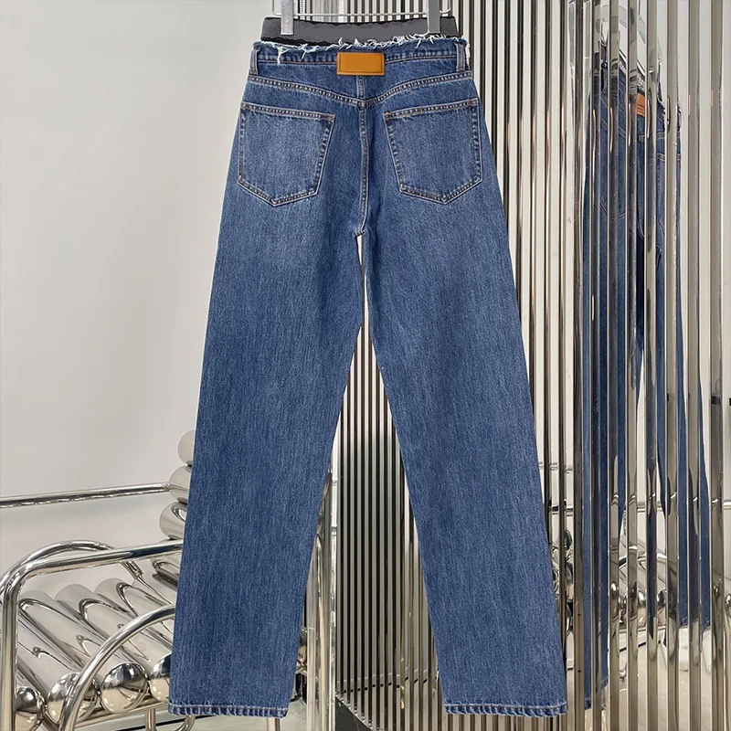 최고급 여성 데님 롱 팬츠, 워싱된 진청색, 고급스럽고 트렌디한 스타일 하이웨이스트 루즈핏 청바지 2596238