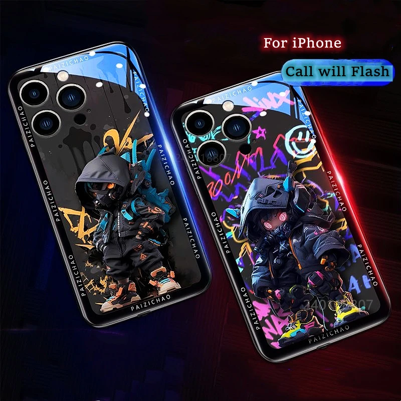 

Dynamic Sound-Activated LED Flash Cover Capa for iPhone 15 12 13 11 14 Plus X Xs Xr 16 Pro Max 8 SE Anime Luminous Back Case