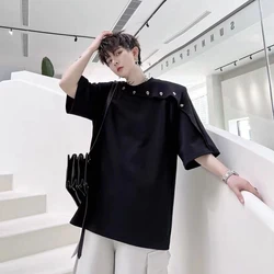 2024 Summer Advanced Sense Deconstruction Trend Splicing Handsome Shoulder Pad Korean Version Irregular Men's Clothing T-Shirts