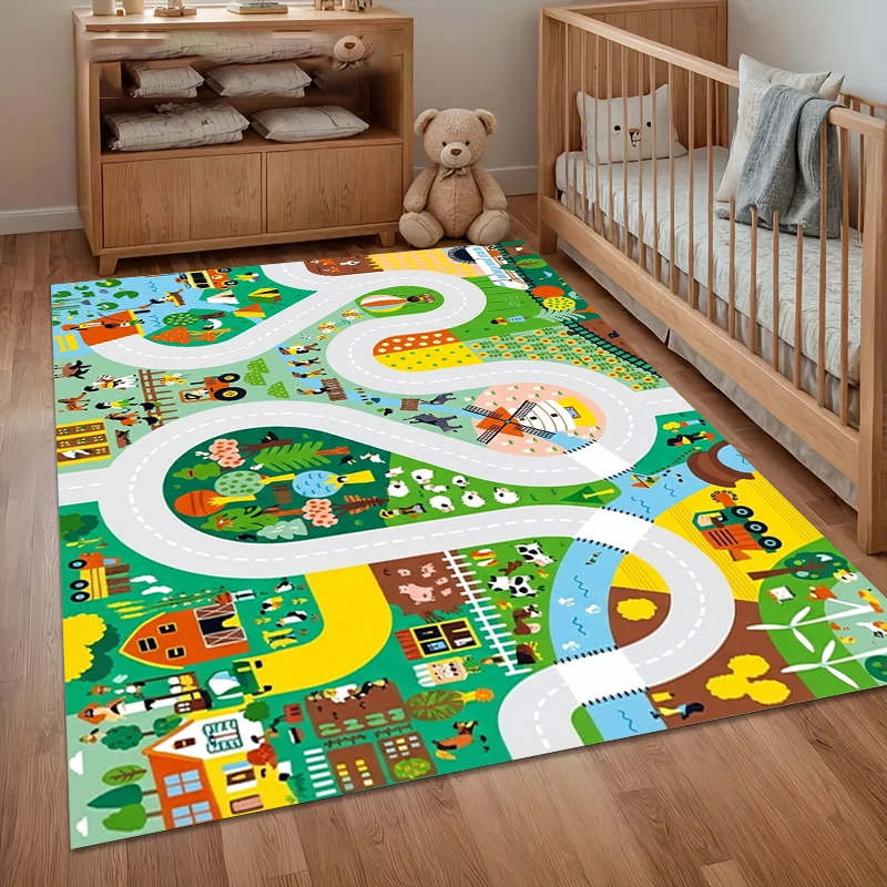 Kids Room Rugs Road Map Farm Door Mat Non-Slip Rug Washable Carpets for Living Room Home Decor Floor Mat for Children's Spaces