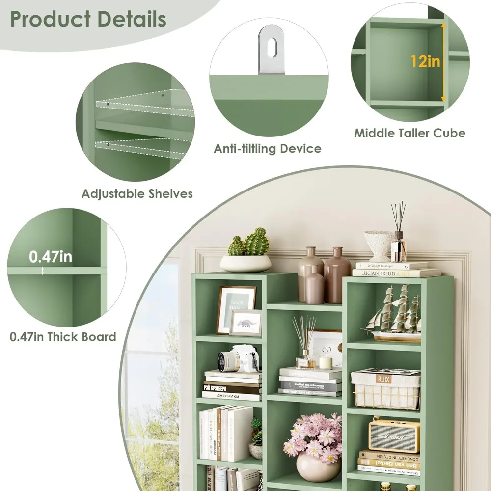 رف كتب بطول 71 بوصة، رف كتب ثلاثي واسع مع أرفف قابلة للتعديل، رف برج تخزين CD DVD من 8 طبقات، عرض