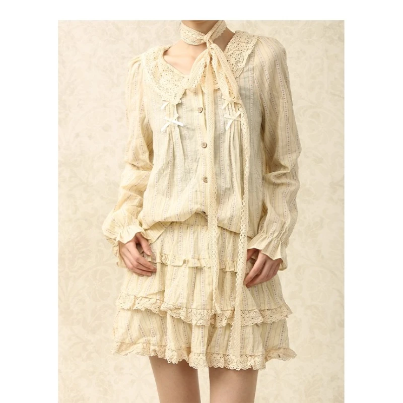 American Retro Apricot Sweet Bow Doll Collar Women's Top Autumn New Loose Slimming Versatile Temperament Short Skirt Set Ladies