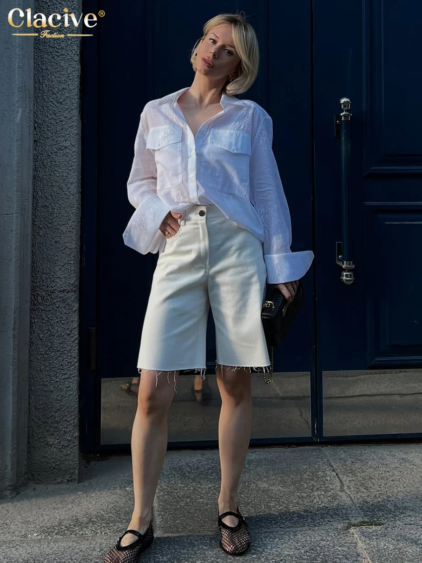 Clacive Fashion Loose Print Women's Shirt 2025 Casual Lapel Long Sleeve Blouse Elegant Classic Pockets Top Female Clothing