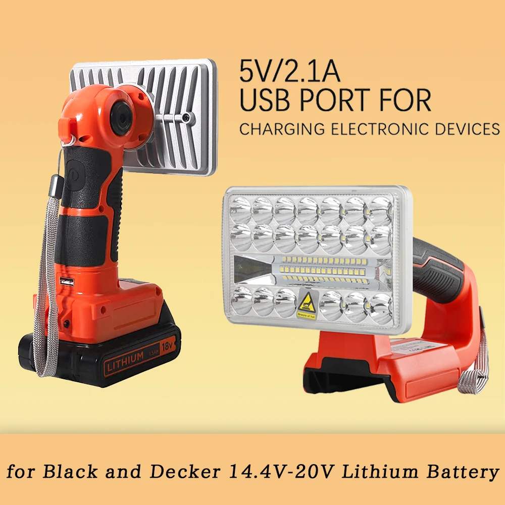 Polegada Trabalho Luz Ferramenta Lâmpada para Preto e Decker 14.4v20v Bateria de Lítio Lanterna sem Fio Portátil com Porta Usb 5