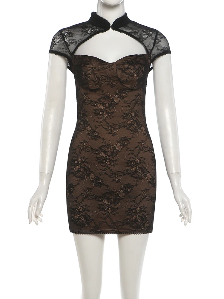 Weird Puss Blumen-Dekorationskleid für Damen, Hottie Patchwork-Spitze, hohler Stehkragen, eng anliegendes Hottie-Midnight-Sexy-Mini-Bodycon-Kleid – Detail 3