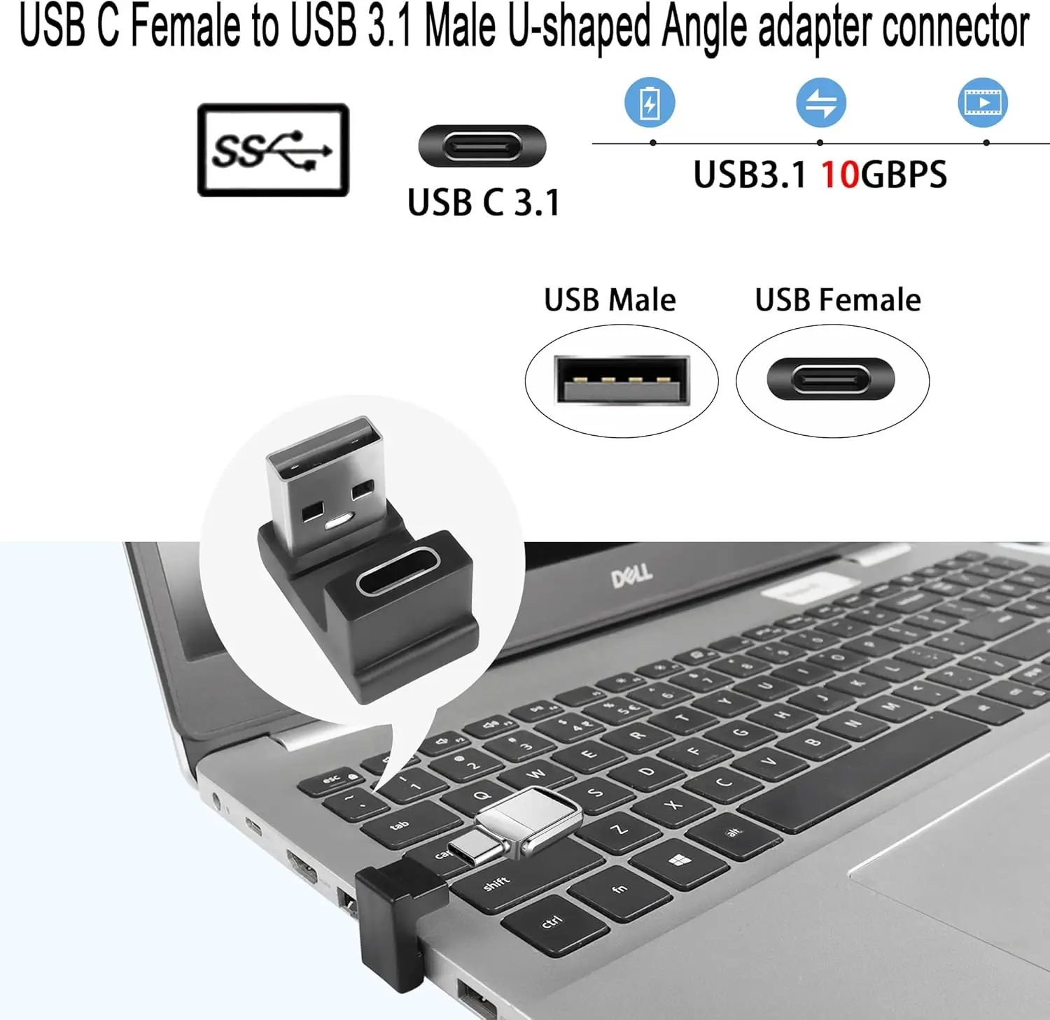 Conector USB A macho A USB C hembra, Conector de ángulo de 180 ° para carga 3A, transferencia de datos OTG, para ordenador portátil y tableta, 2 piezas, 10Gbps