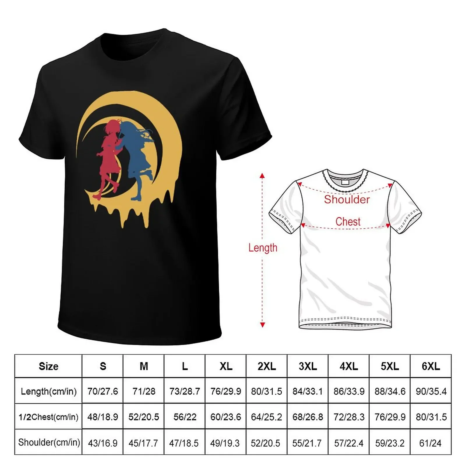 Red and Blue Silhouette of Chisato and Takina from Lycoris Recoil anime Best couple waifu summer 2022 with yellow melted T-shirt