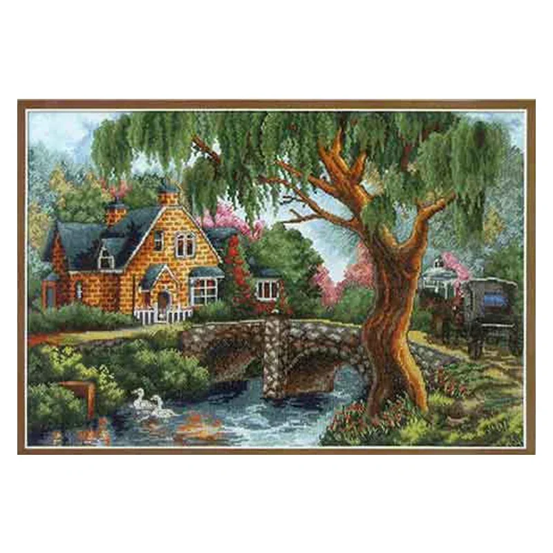 Gold Collection Lovely Counted Cross Stitch Kit Peaceful Afternoon River Stream Bridge and Cottage House Home Village Dome 40812