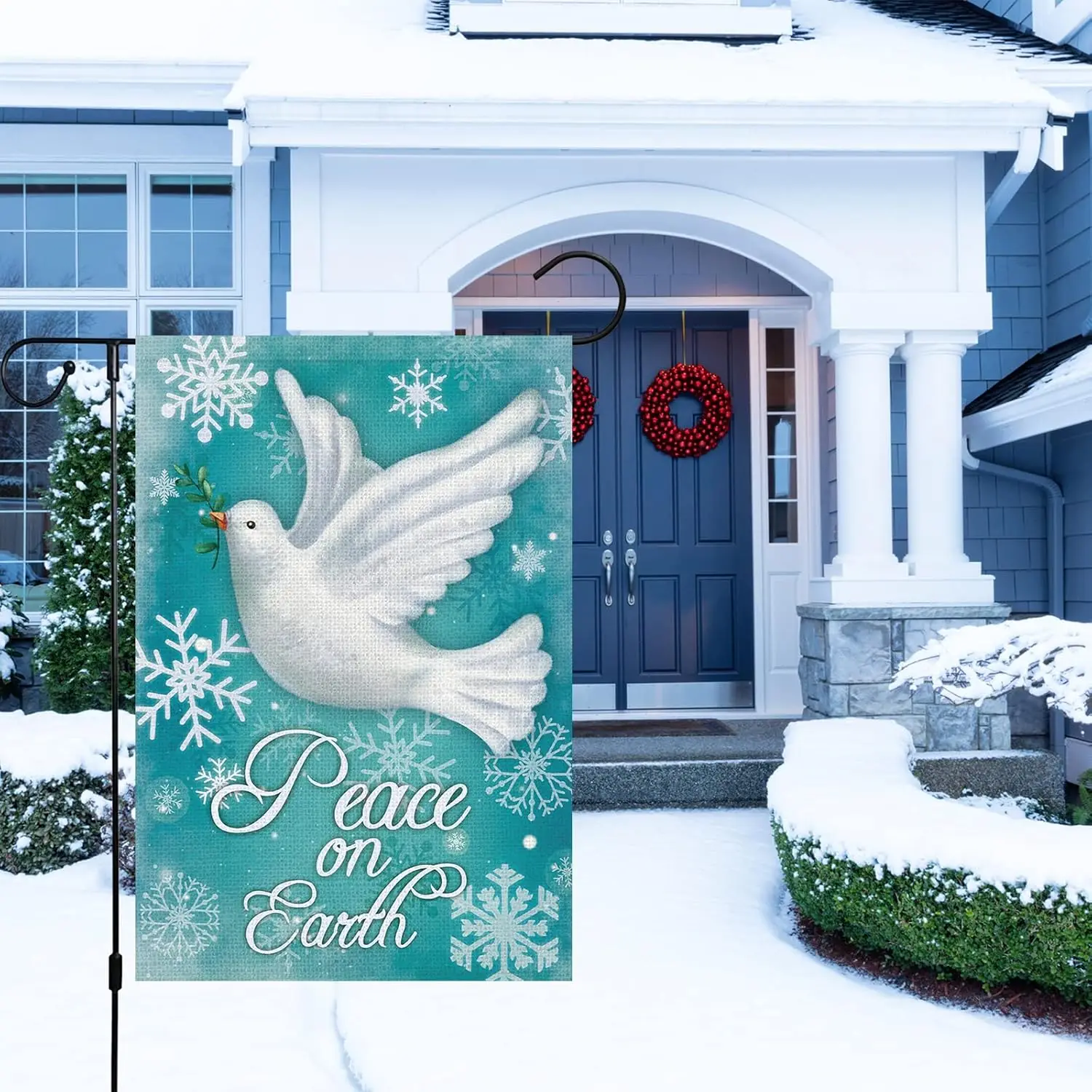 Louise Maelys Winter Garden Flag 12x18 Double Sided, Small Burlap Pigeon Snowflake Pray Hope Garden Yard Flags World Peace on Ea