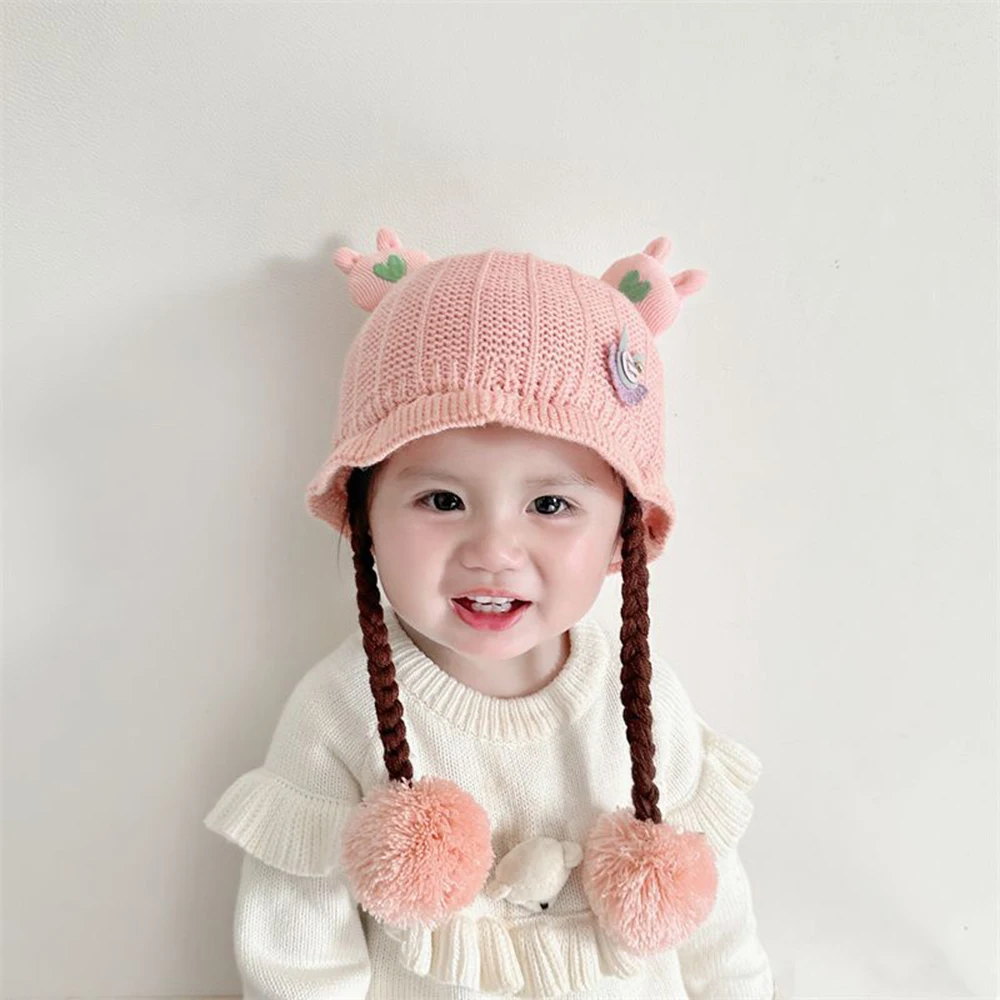 

Baby Winter Braided Hat Girl Princess Ear Protection Warm Wool Hats Infant Thickened Knitted Cute Beanies For Kids 5-24 Month