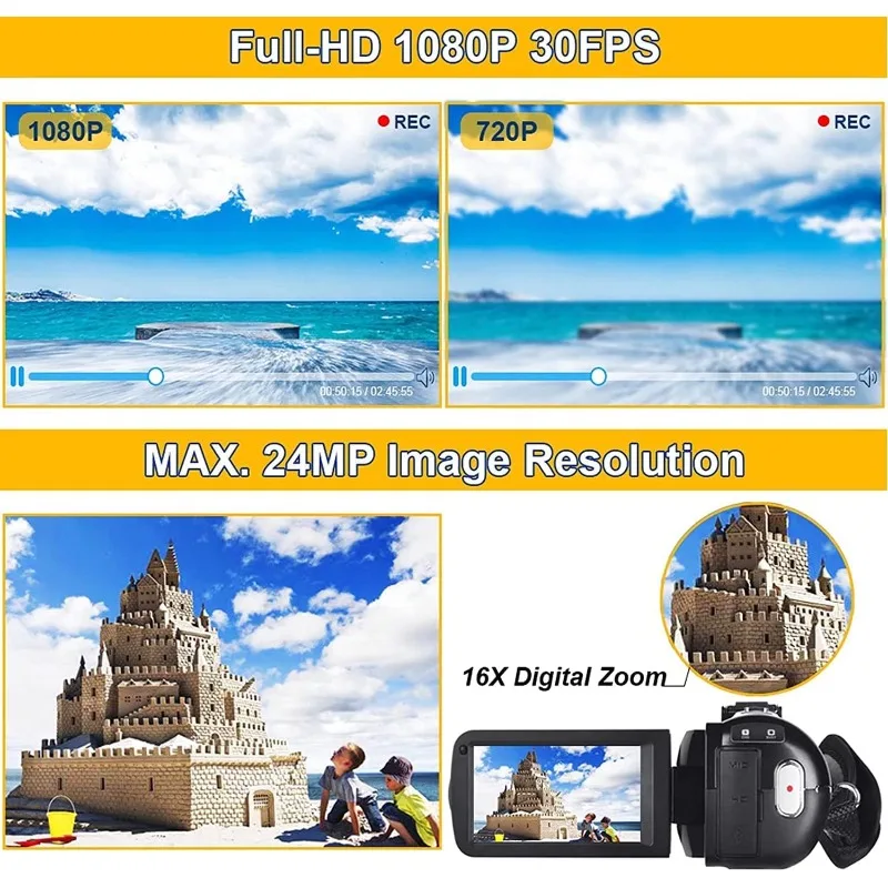 Video Camera Camcorder Full HD 1080P 30FPS 24.0 MP IR Night Vision Vlogging Camera Recorder 3.0 Inch IPS Screen