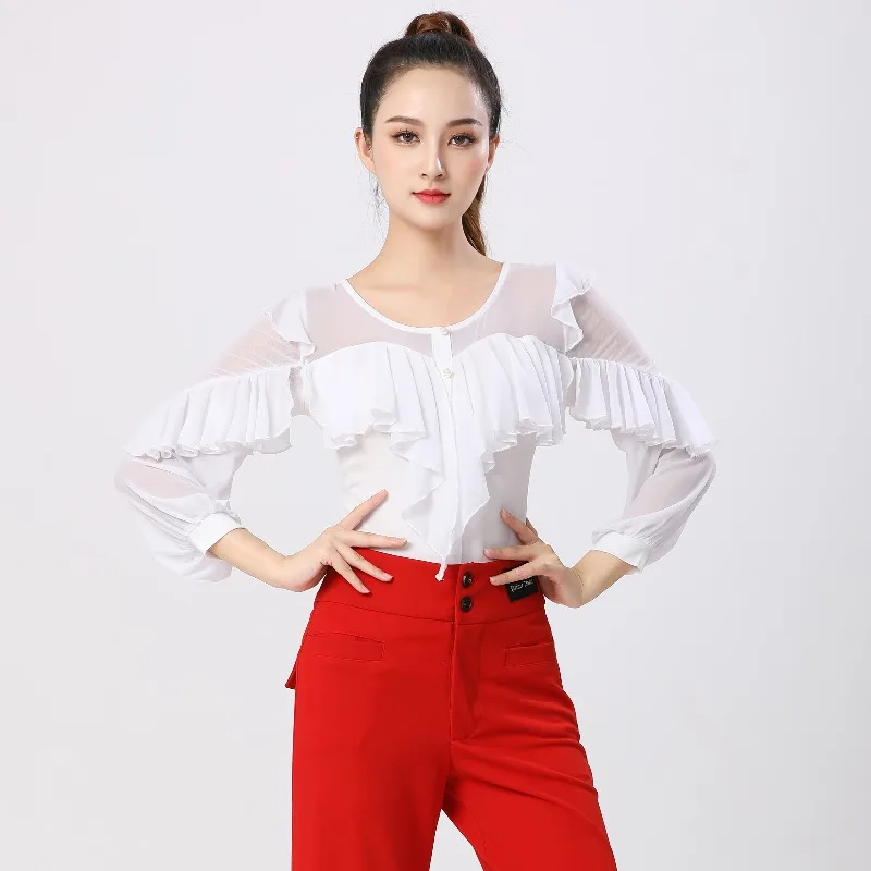 

Women Rhinestone Mesh Spliced Long Sleeve Dance Top Latin Ballroom Waltz Belly Dance Competition Training Costume Dancewear top
