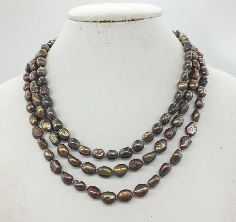 new 3 Rows, 8-9MM AAA Brown Baroque Freshwater Pearl Necklace