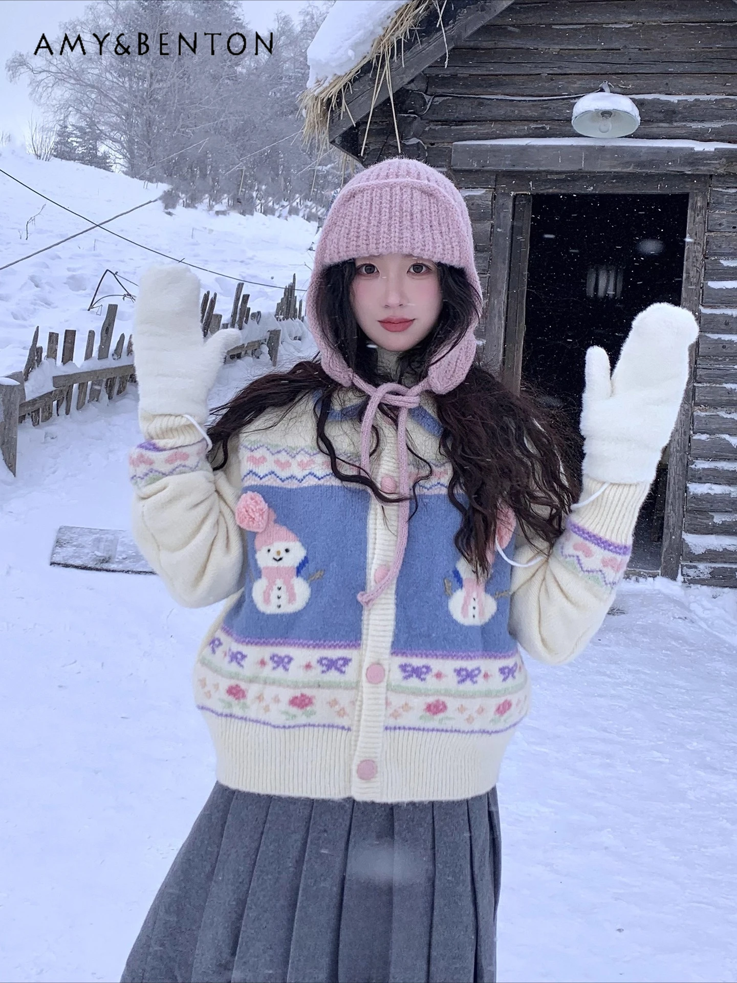 

Autumn Winter New Blue Apricot Snowman Jacquard Lapel Knitted Cardigan Women's Christmas Soft Sweet Cute Casual Sweater