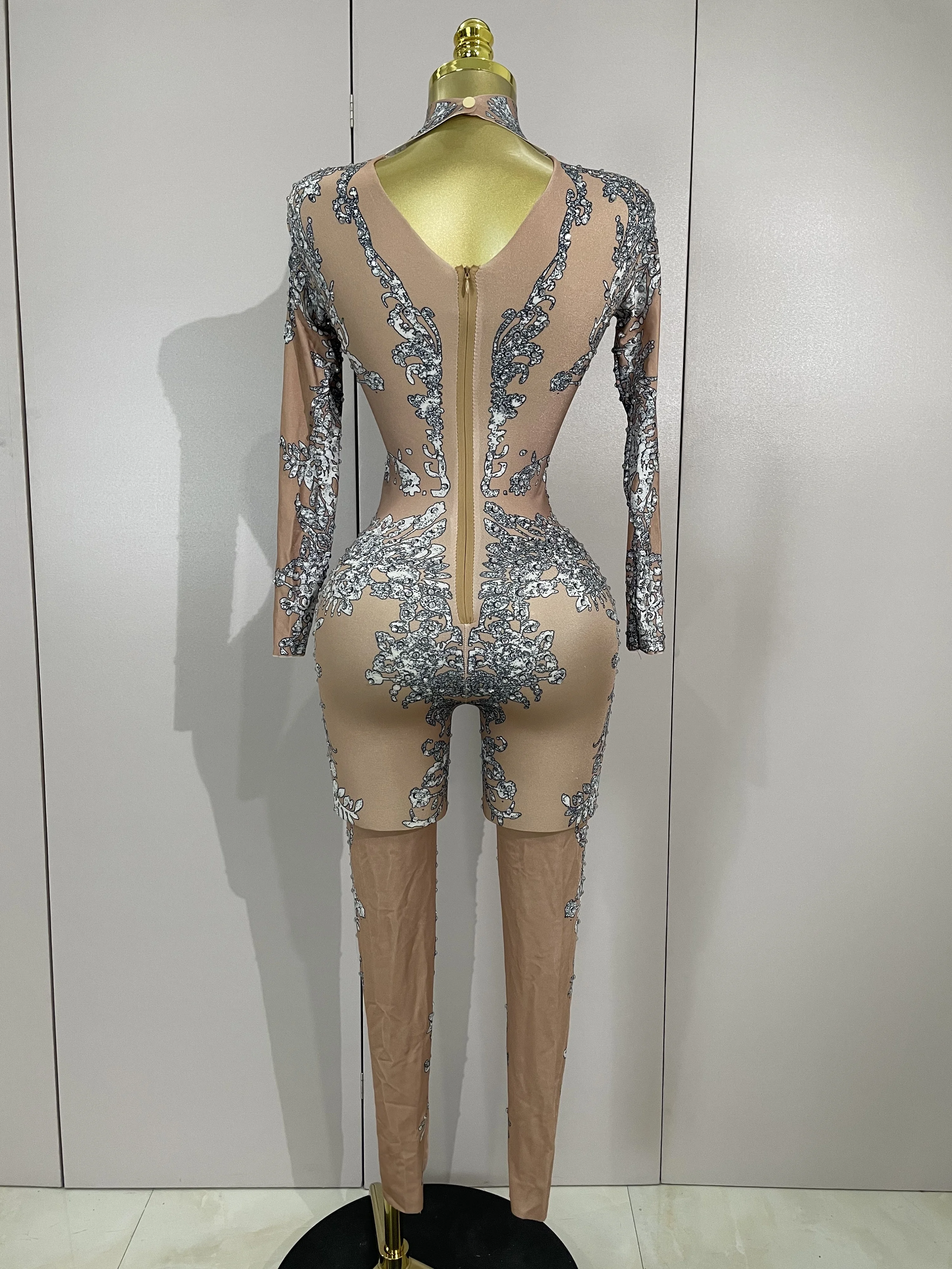 

Сексуальные сценические костюмы, роскошные блестящие бриллиантовые принты, эластичный комбинезон с длинными рукавами, вечерние костюмы для танцовщицы, ночного клуба, одежда для выступлений