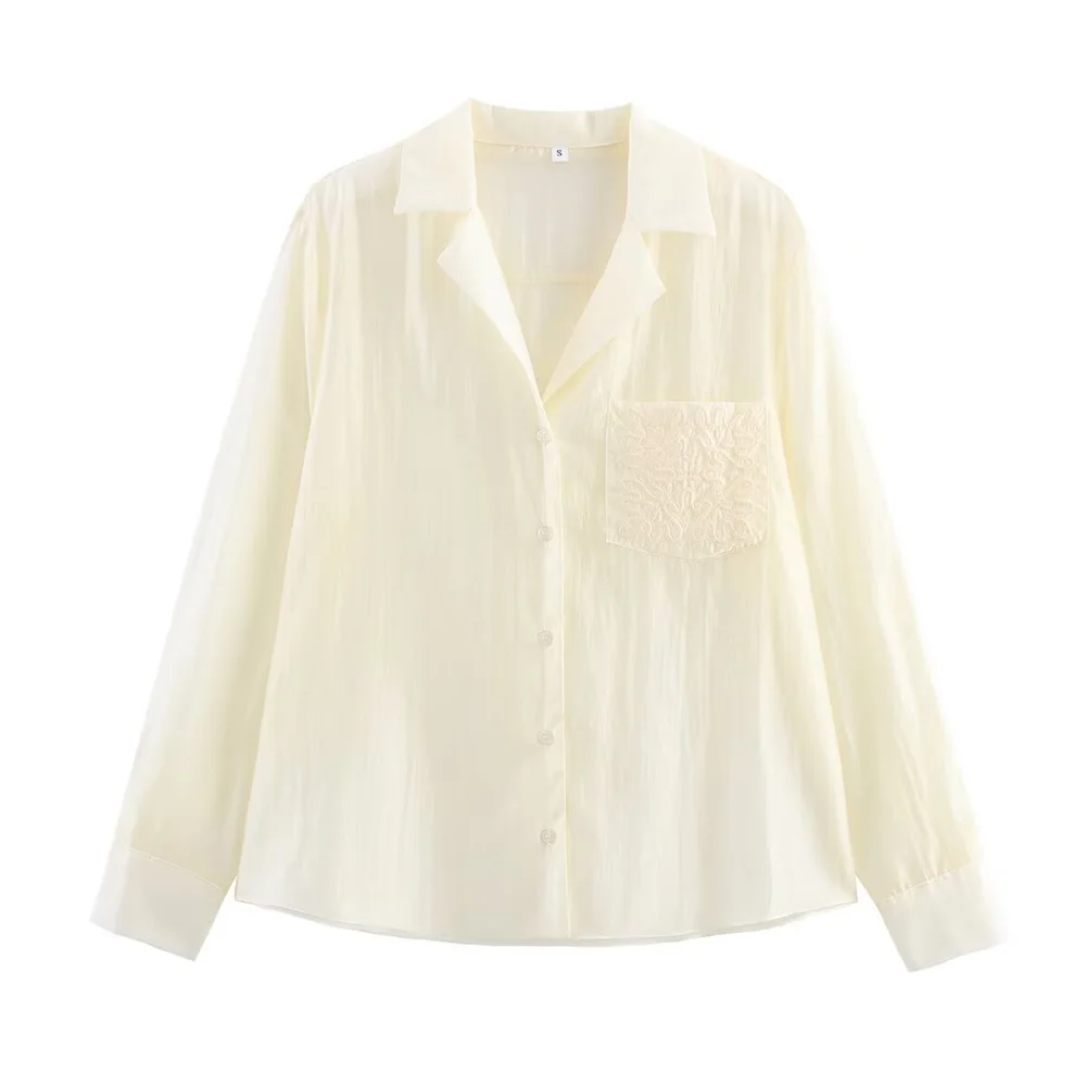 Herbst und Winter Neue Damenmode Vielseitiges dreifarbiges besticktes Taschendekorationshemd