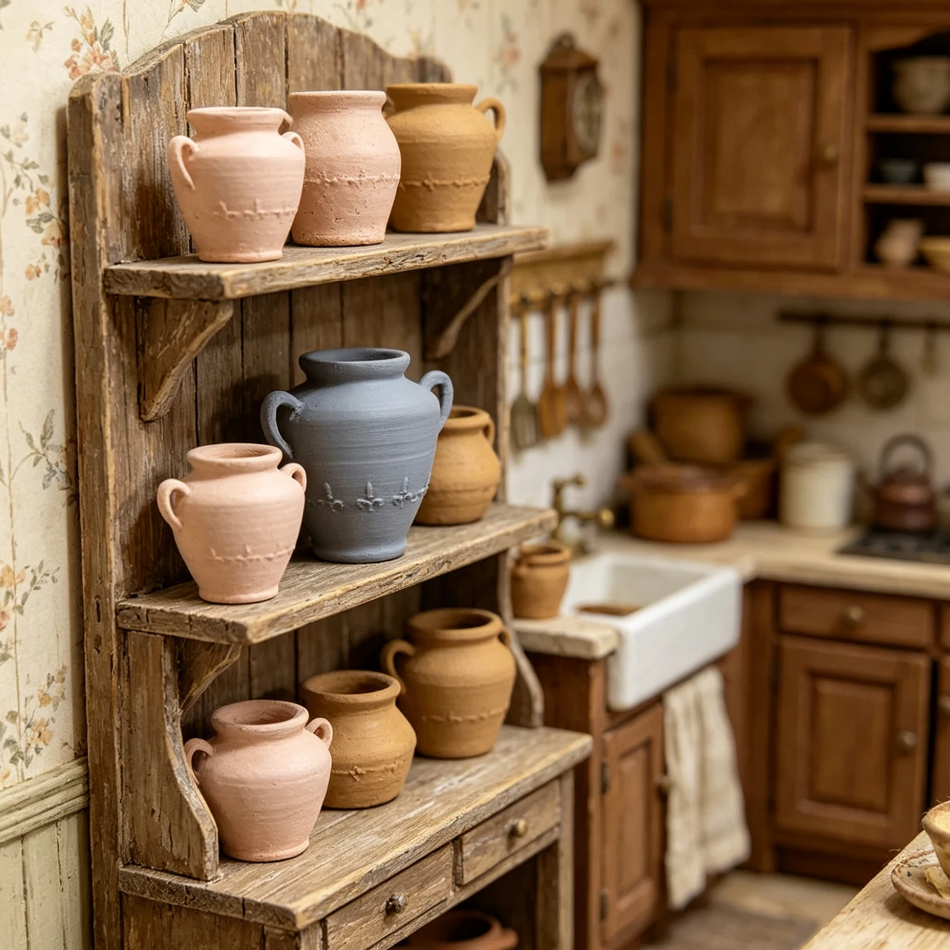 Miniature ceramic three-piece set, dollhouse retro decorative item, realistic clay scene prop, for enthusiasts' collection.